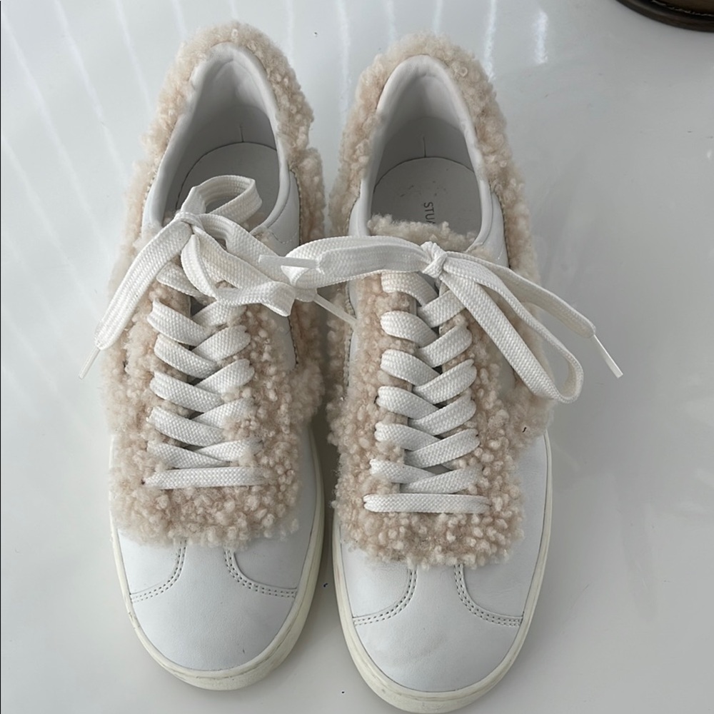 Stuart Weitzman Daryl White and Cream Fur Trim Sneakers